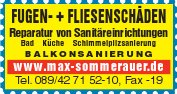 Werbeanzeige Fugen- und Fliesenschäden der Max Sommerauer GmbH