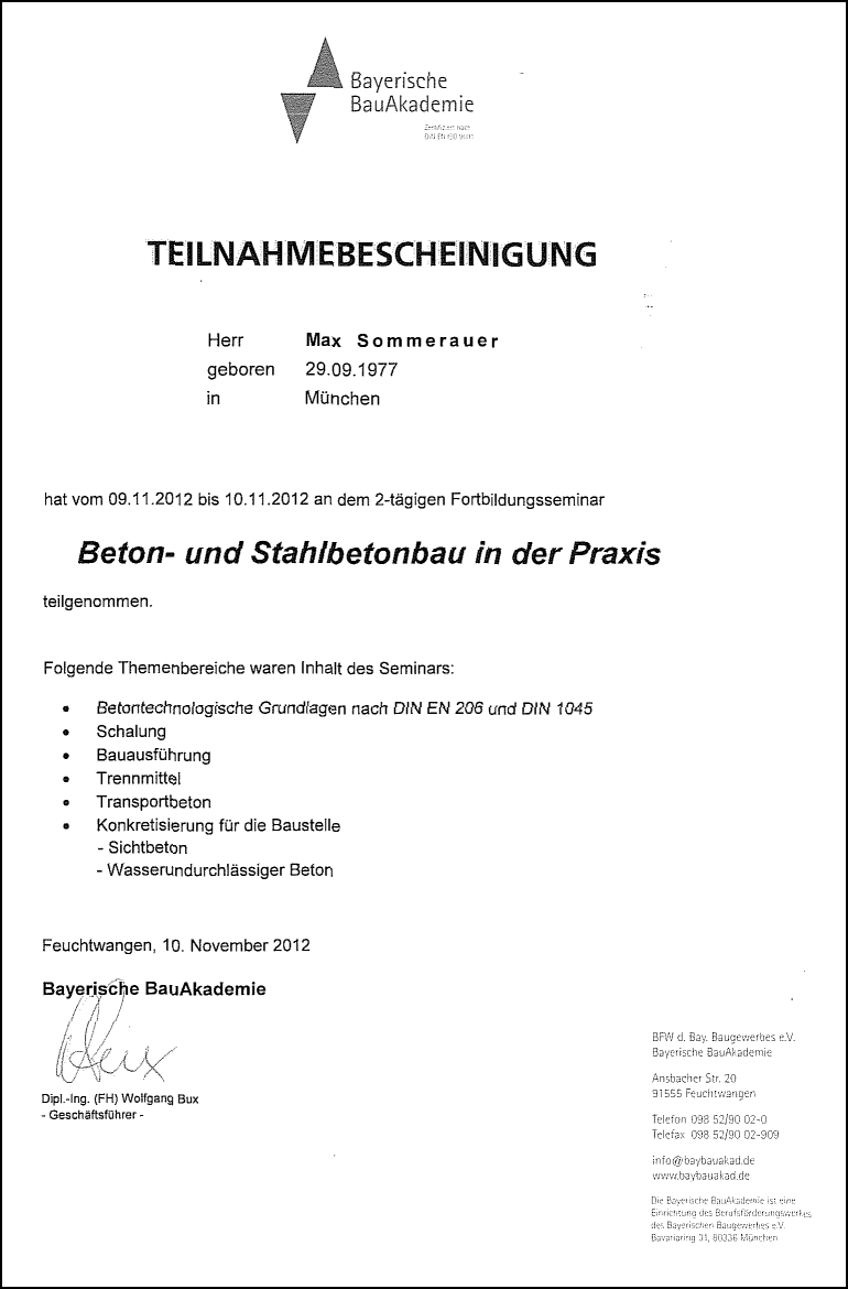 Zertifikat der Bayerischen BauAkademie