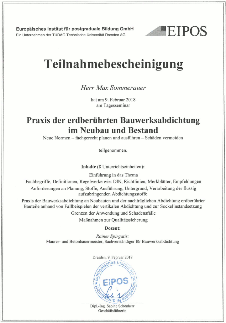 Zertifikat Erdberührte Bauwerksabdichtung