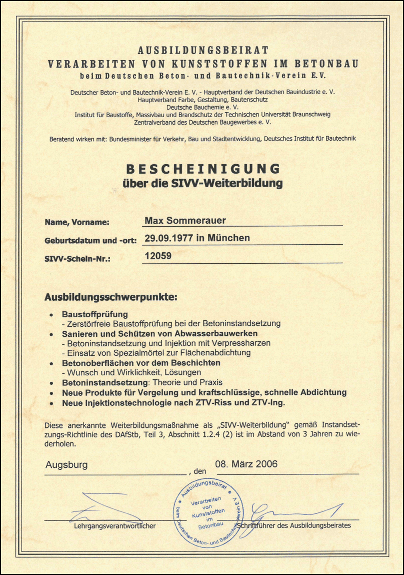 Zertifikat SIVV Max Sommerauer