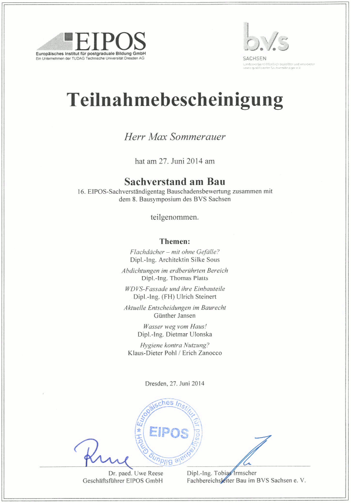 EIPOS Zertifikat Sachverstand am Bau
