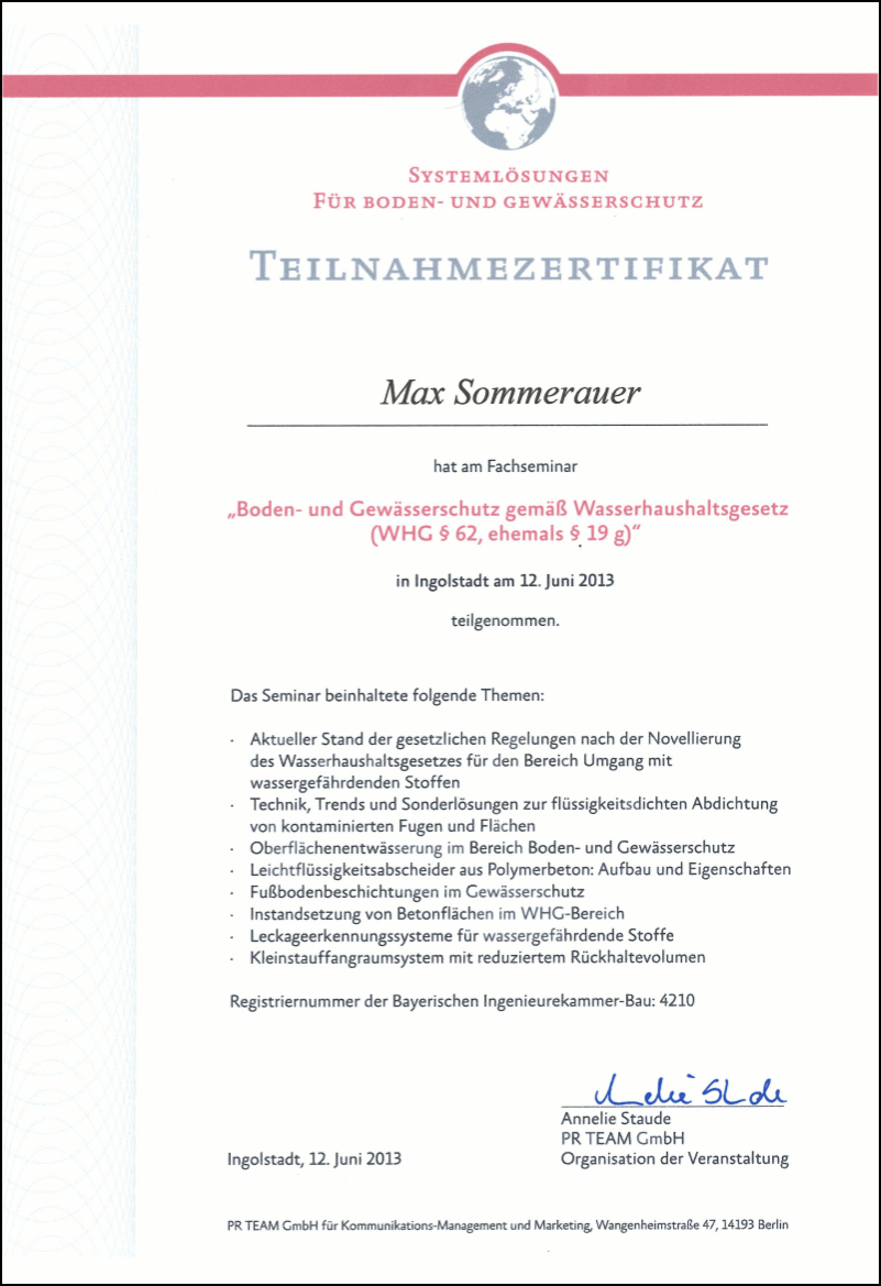 Zertifikat Boden-und Gewässerschutz gemäß WHG