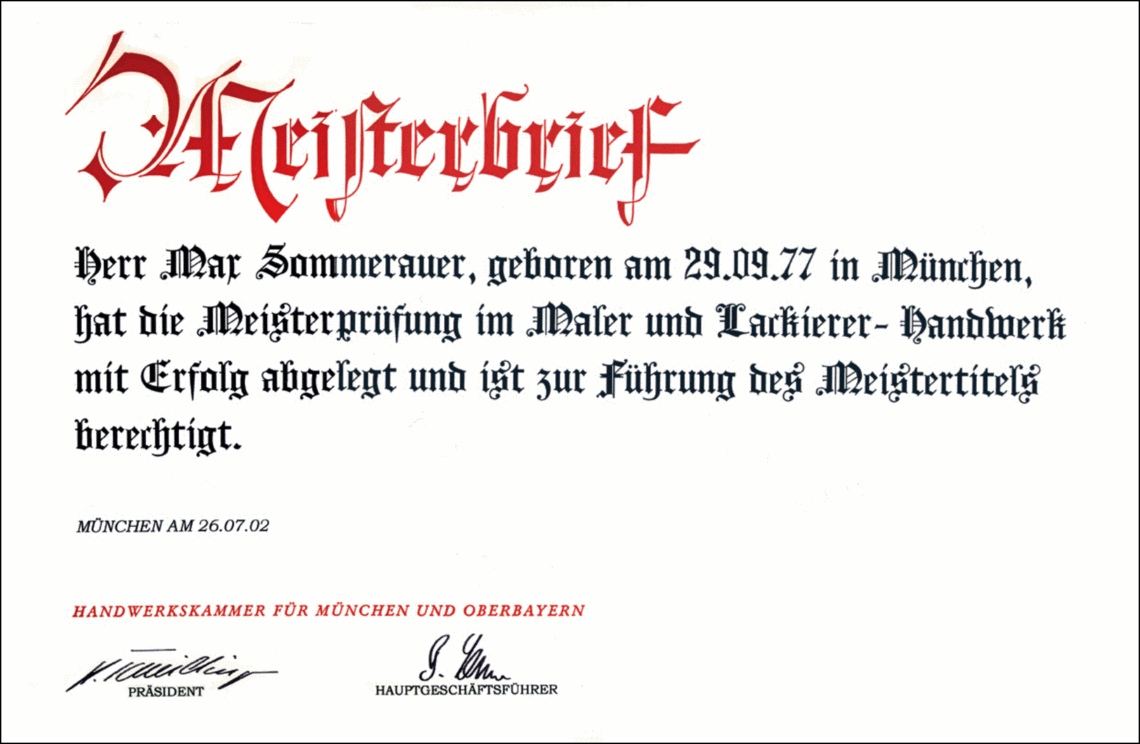 Meisterbrief Max Sommerauer