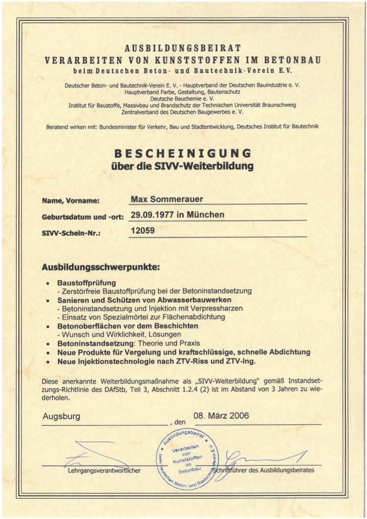 Zertifikat Kunststoffe im Betonbau 2006