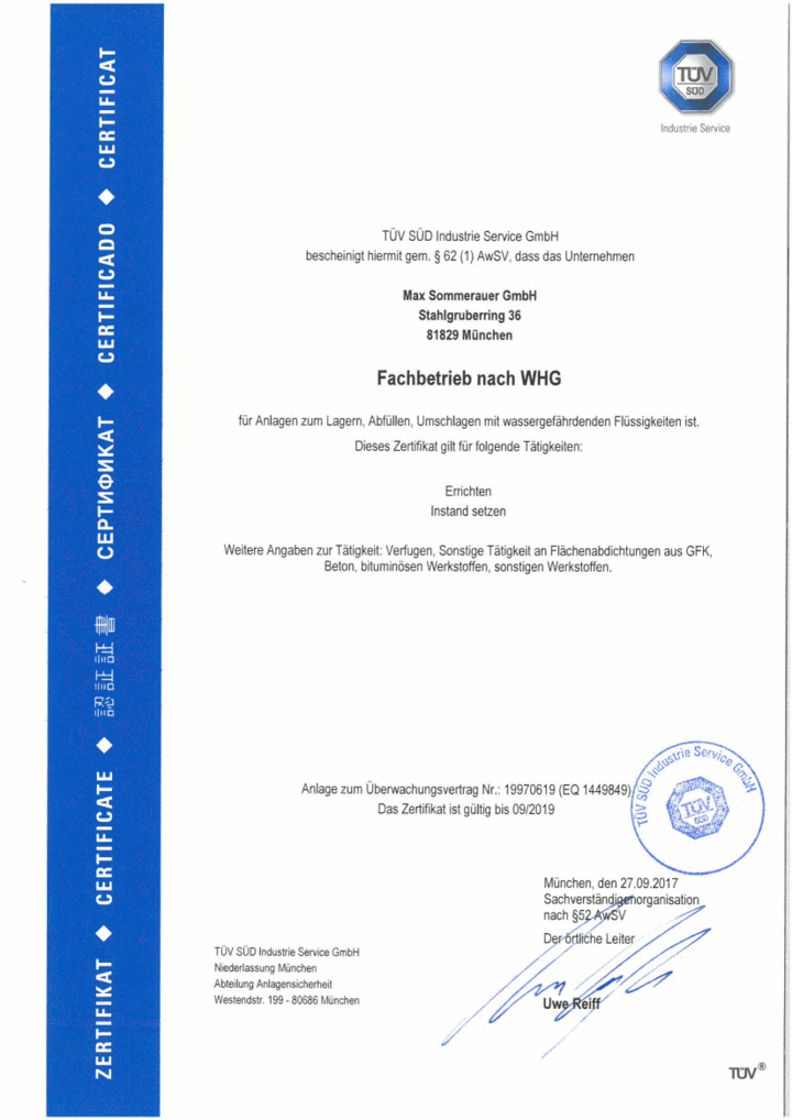 Zertifikat Fachbetrieb gem. WHG Max Sommerauer GmbH