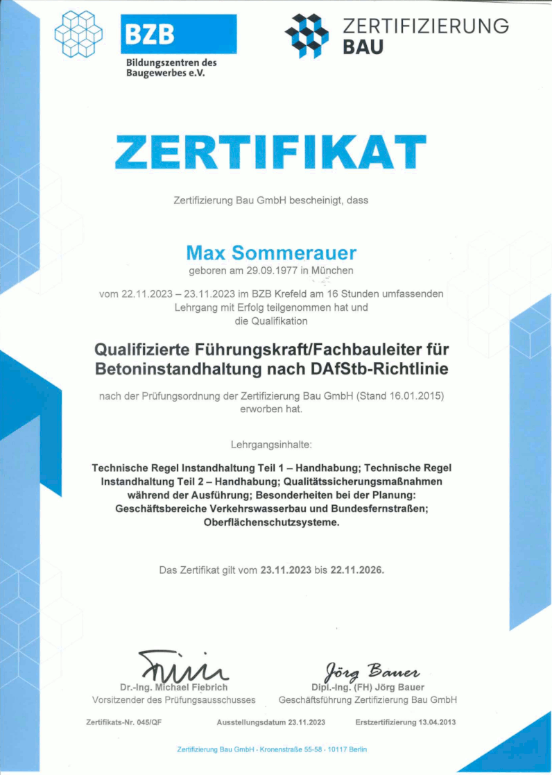 Zertifikat Fachbauleiter Betoninstandhaltung